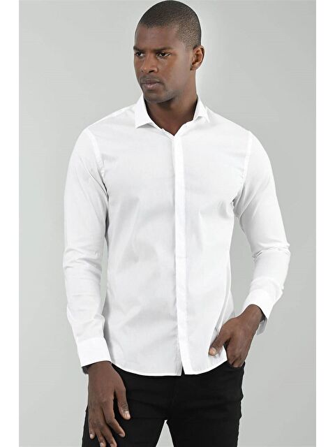 TUDORS Süper Slim Fit Pamuklu Elastanlı Erkek Beyaz Gömlek - S000027560-20063