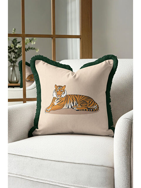 Milbay Grup Vahşi Zarafet Saçaklı Yastık Kılıfı - Tropikal Bohem Orman Yeşili Püsküllü Kırlent Kılıfı