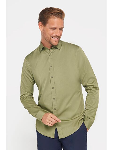 TUDORS Slim Fit Elastanlı Düz Pamuk Saten Erkek Yeşil Gömlek - S000072405-18194