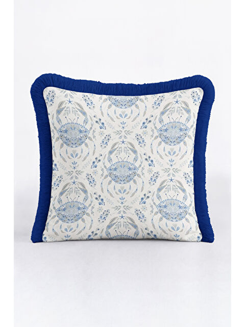 Milbay Grup Lüks Mavi Yengeç Motifli Saçaklı Yastık Kılıfı - Deniz Esintisi Lacivert Püsküllü Kırlent Kılıfı