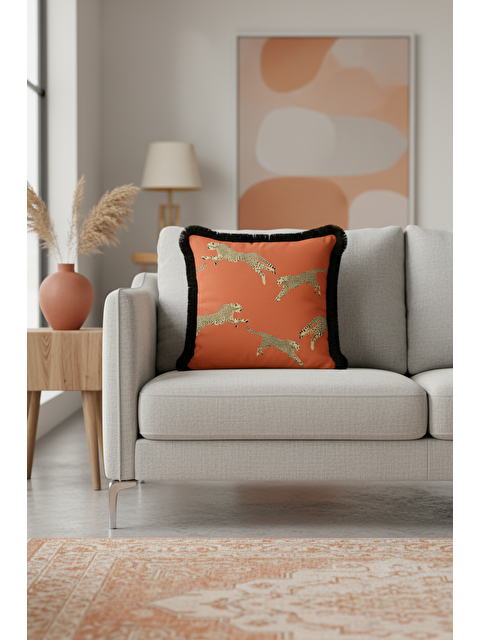 Milbay Grup Leopar Figürlü Saçaklı Yastık Kılıfı - Egzotik Safari Bohem Turuncu Siyah Püsküllü Kırlent Kılıfı