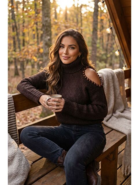 She Wears Omzu Boncuk Detaylı Boğazlı Triko Kazak MY-170 - S000474575-19413