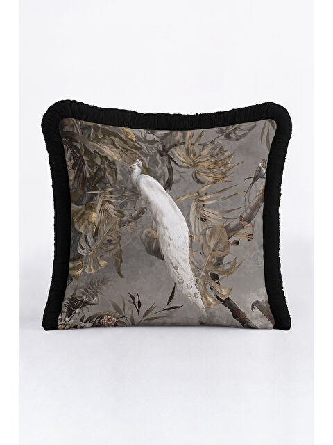 Milbay Grup Zarif Tropikal Kuşlar Saçaklı Yastık Kılıfı - Klasik Doğal Etnik Gri Altın Püsküllü Kırlent Kılıfı