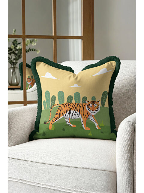 Milbay Grup Egzotik Kaplan Figürlü Saçaklı Yastık Kılıfı - Safari Temalı Bohem Yeşil Püsküllü Kırlent Kılıfı