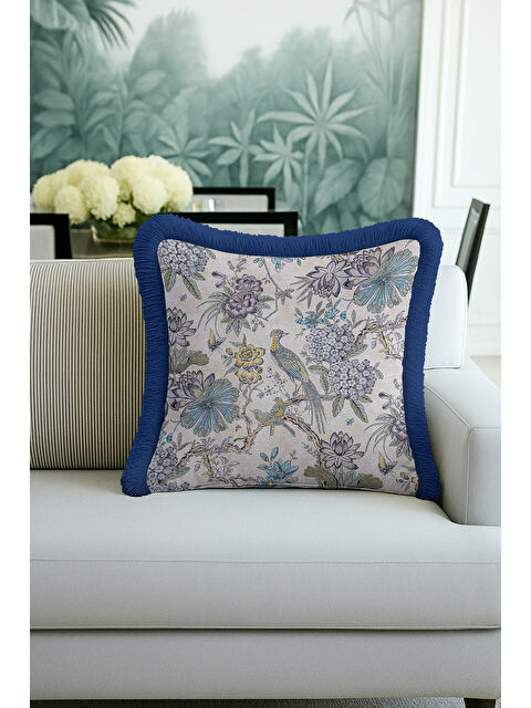 Milbay Grup Doğanın Zarafeti Saçaklı Yastık Kılıfı - Kuş Çiçek Nostaljik Mavi Püsküllü Kırlent Kılıfı