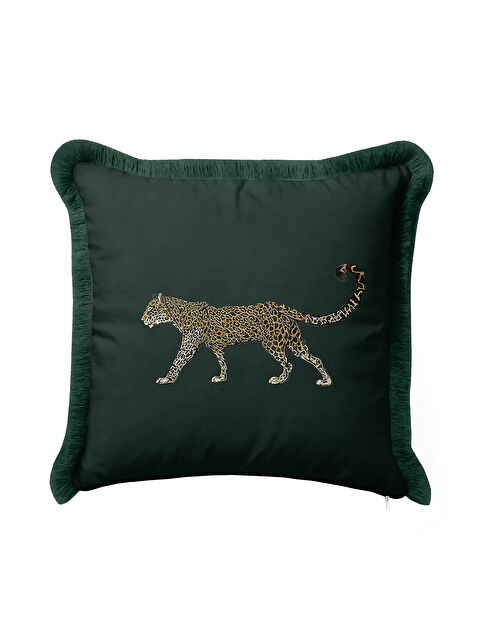 Milbay Grup Lüks Jaguar İşlemeli Saçaklı Yastık Kılıfı - Doğa Temalı Yeşil Bohem Altın Püsküllü Kırlent Kılıfı