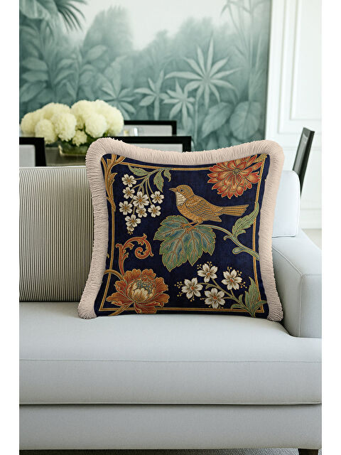 Milbay Grup Lüks Kuş Motifli Saçaklı Yastık Kılıfı - Çiçekli Bohem Lacivert Altın Renkli Püsküllü Kırlent Kılıfı