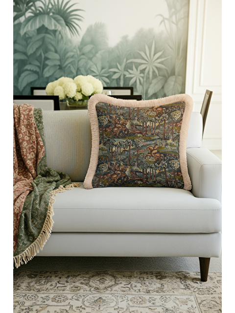 Milbay Grup Barok Avangard Saçaklı Yastık Kılıfı - Av Karesi Retro Koyu Yeşil Altın Renk Püsküllü Kırlent Kılıfı