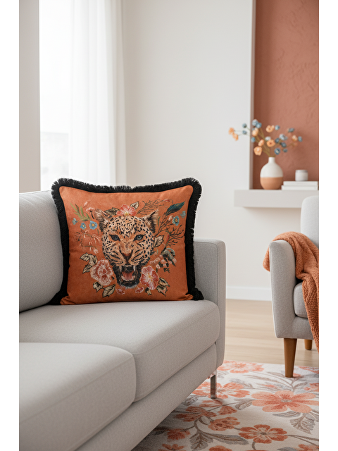 Milbay Grup Lüks Vahşi Çiçekli Saçaklı Yastık Kılıfı - Egzotik Bohem Turuncu Siyah Püsküllü Kırlent Kılıfı