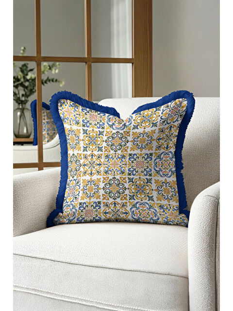 Milbay Grup Saray Motifli Saçaklı Yastık Kılıfı - Akdeniz Bohem Mavi Altın Renkli Püsküllü Kırlent Kılıfı