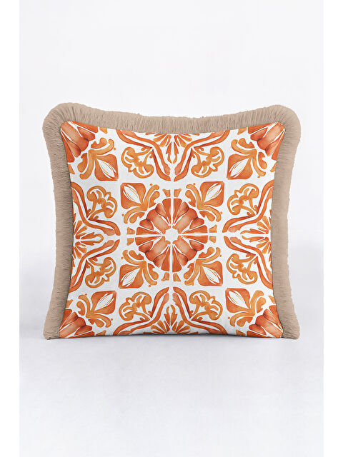 Milbay Grup Barok Esintili Saçaklı Yastık Kılıfı - Akdeniz Stili Rustik Turuncu Bej Püsküllü Kırlent Kılıfı