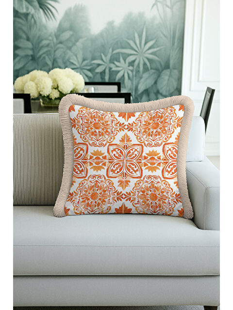 Milbay Grup Otantik Altın Renkli Saçaklı Yastık Kılıfı - Akdeniz Bohem Turuncu Bej Püsküllü Kırlent Kılıfı