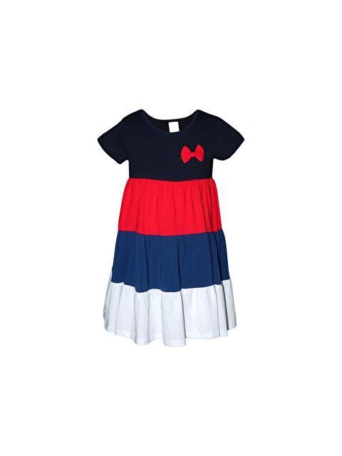 Lovetti Koyu Lacivert + Beyaz Kız Çocuk Kısa Kol Fiyonklu Renkli Kat Kat Elbise - S000053545-37341
