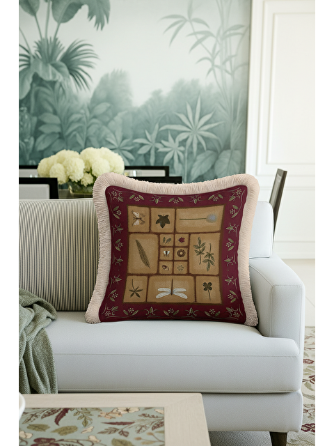 Milbay Grup Vintage Botanik Saçaklı Yastık Kılıfı - Doğal Rustik Bordo Altın Renkli Püsküllü Kırlent Kılıfı