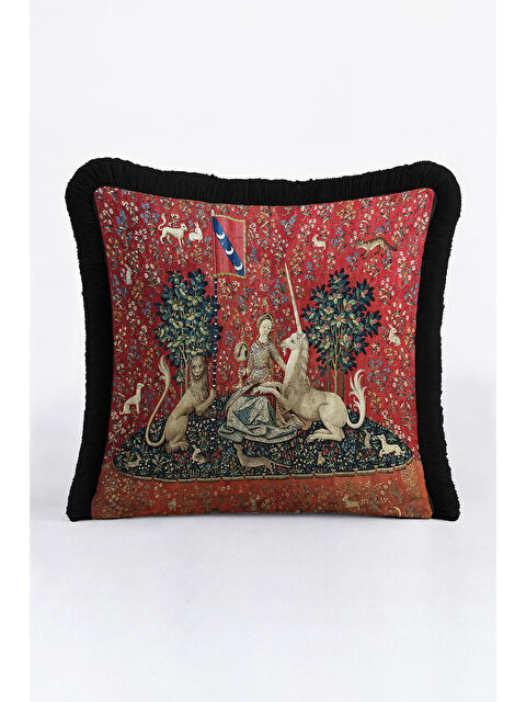 Milbay Grup Ortaçağ Goblen Sanatlı Saçaklı Yastık Kılıfı - Asil Kırmızı Bohem Siyah Püsküllü Kırlent Kılıfı