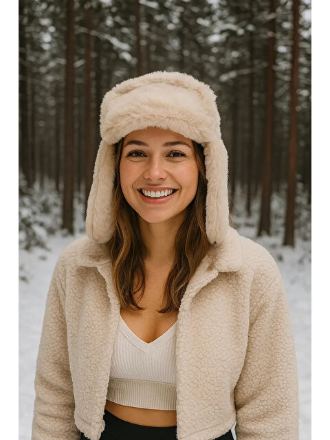 Luminos Butik Kadın Bej Çıtçıtlı Kürklü Kulaklıklı Pelüş Bere Şapka Bere1127 - S000250965-19928