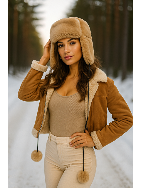 Luminos Butik Kadın Camel Kürklü Kulaklıklı Pelüş Şapka Bere1103 - S000250966-4557