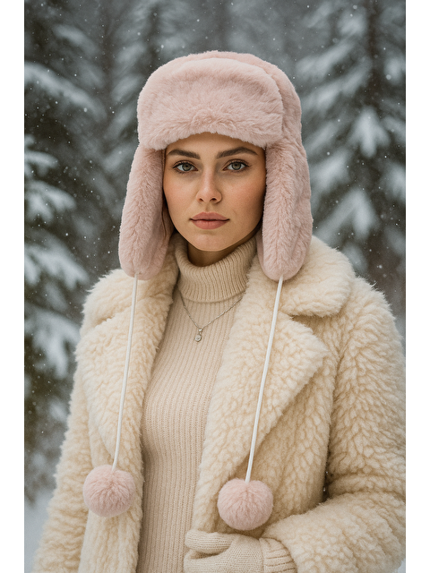 Luminos Butik Kadın Pembe Kürklü Kulaklıklı Pelüş Şapka Bere1103 - S000250966-7152