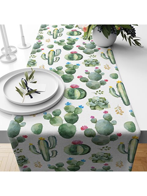 Evmila Kaktüs Desenli Kadife Runner Beyaz 40x140 cm - S000088093-23173