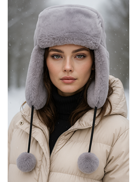 Luminos Butik Kadın Gri Kürklü Kulaklıklı Pelüş Şapka Bere1103 - S000250966-20600