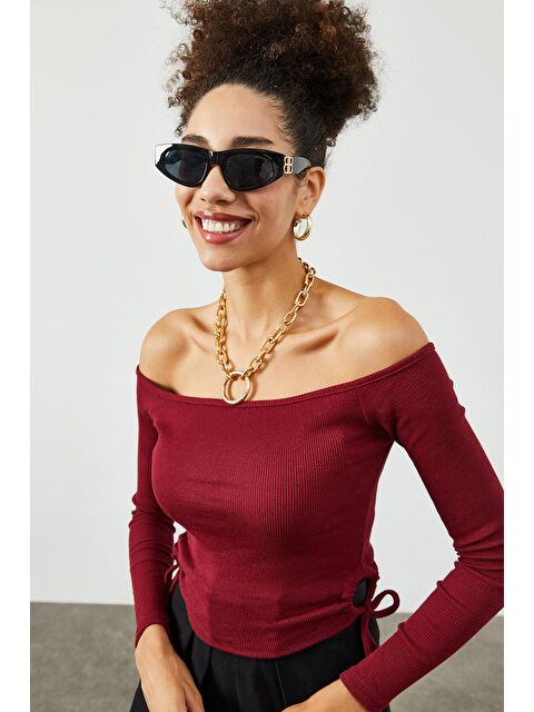 Xhan Bordo Yanı Büzgü Detaylı Kayık Yaka Kaşkorse Bluz 2KXK2-45816-05 - S000033583-19951