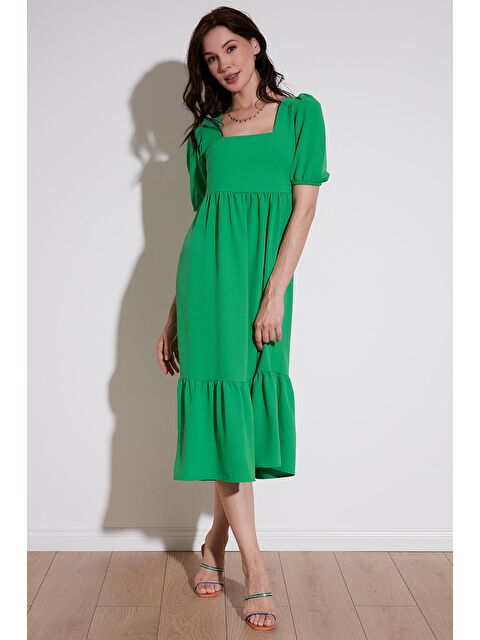 Lela Rahat Kalıp Kare Yaka Volanlı Uzun Elbise 42190350 - S000001322-18194