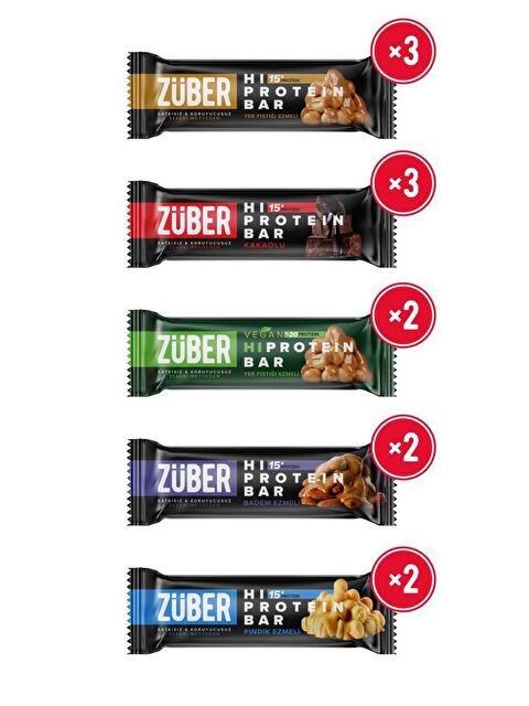 Züber Hi Protein Karma Paket 45g x 12 Adet (Yer Fıstığı Ezmeli, Kakaolu, Vegan, Badem Ezmeli, Fındık Ezmel