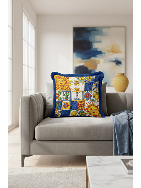 Milbay Grup Mediterranean Lüks Saçaklı Yastık Kılıfı - Renkli Güneş Motifli Akdeniz Mavi Püsküllü Kırlent Kılıfı