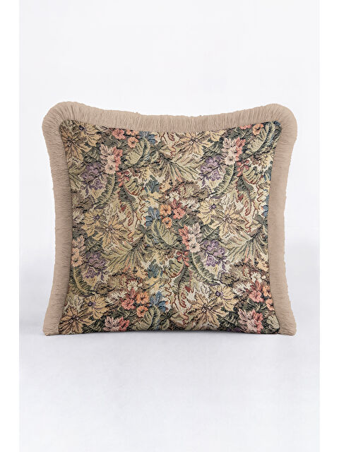 Milbay Grup Klasik Kraliyet Sarayı Saçaklı Yastık Kılıfı - Vintage Nostaljik Çiçekli Bej Püsküllü Kırlent Kılıfı