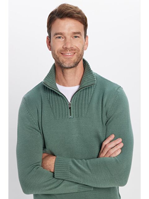 TUDORS Erkek Slim Fit Dar Kesim Armürlü Fermuarlı Yeşil Dik Yaka Kazak - S000243261-18194