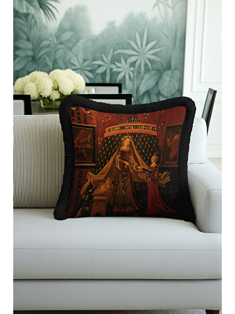 Milbay Grup Orta Çağ Sanat Etkili Saçaklı Yastık Kılıfı - Gotik Klasik Koyu Kırmızı Gold Püsküllü Kırlent Kılıfı