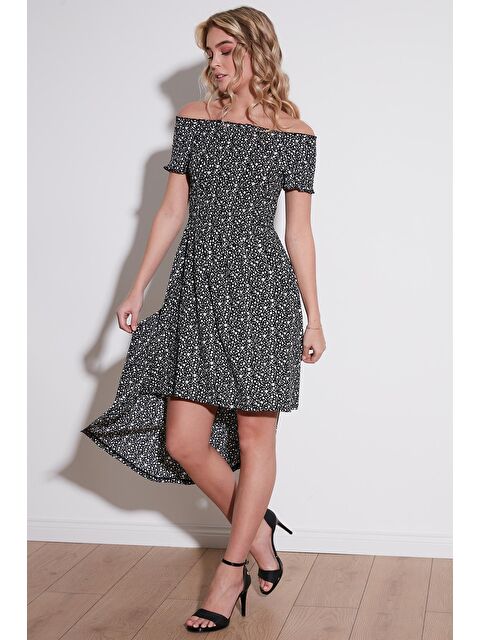 Lela Çiçekli Önü Kısa Arkası Uzun Carmen Yaka Elbise 5864026 - S000001442-19351