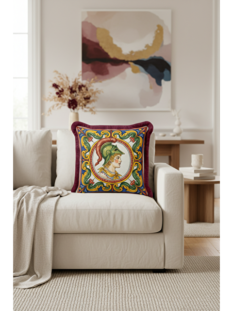 Milbay Grup Antik Motifli Lüks Saçaklı Yastık Kılıfı - Rönesans Etnik Bordo Sarı Püsküllü Kırlent Kılıfı