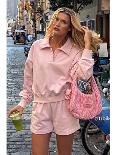 Madmext Pembe Polo Yaka Kadın Şort Sweatshirt Takım Mg2375 - S000386057-20024