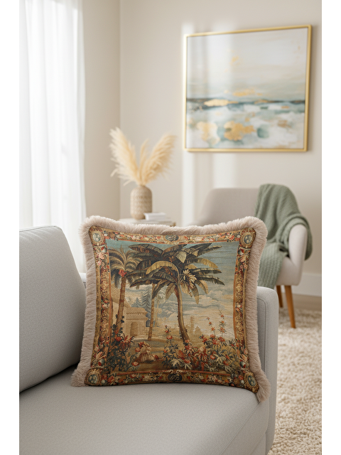 Milbay Grup Barok Lüks Saray Saçaklı Yastık Kılıfı - Antik Egzotik Doğal Vintage Krem Püsküllü Kırlent Kılıfı