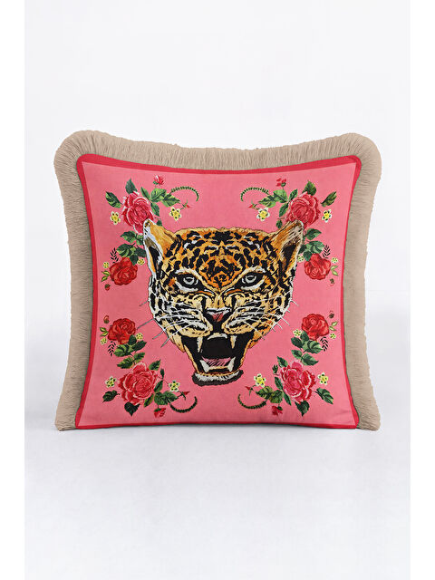 Milbay Grup Lüks Panter Çiçekli Saçaklı Yastık Kılıfı - Cesur Bohem Pembe Krem Püsküllü Kırlent Kılıfı