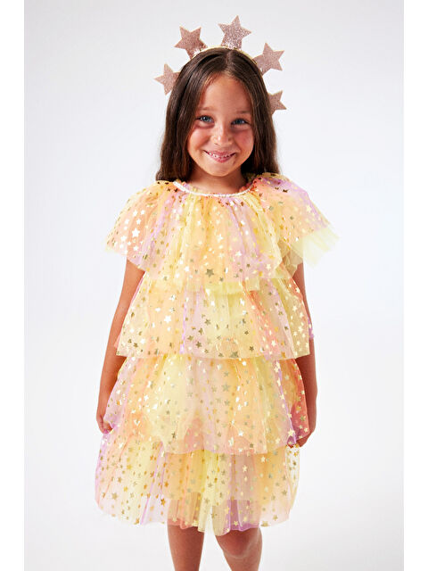 Le Mabelle Sarı Tonları Yıldız Baskılı Katlı Tül Kız Çocuk Elbise - Estela - S000232587-20072