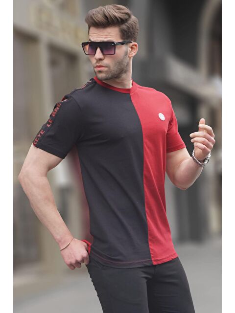 Madmext Bordo Renk Bloklu Bisiklet Yaka Erkek %100 Pamuk Tişört 5398 - S000015918-19951