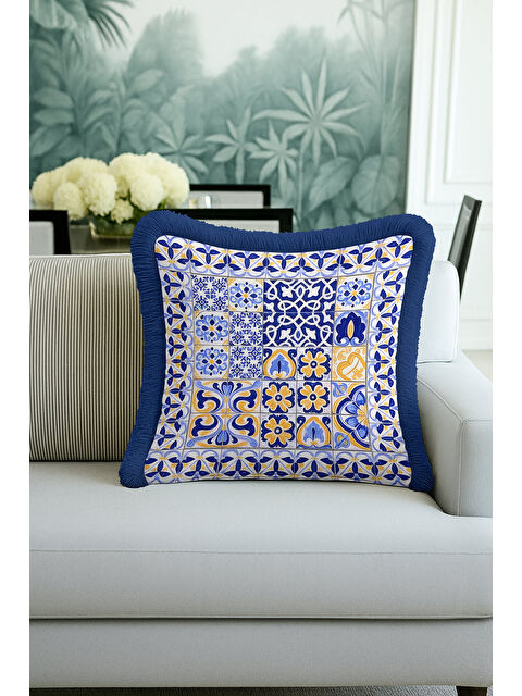 Milbay Grup Akdeniz Mozaik Saçaklı Yastık Kılıfı - Geometrik Etnik Mavi Sarı Püsküllü Kırlent Kılıfı
