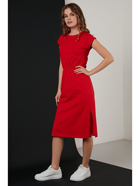 Lela Pamuklu Kısa Kollu Çift Yırtmaçlı Midi Elbise 5864205 - S000001178-20045