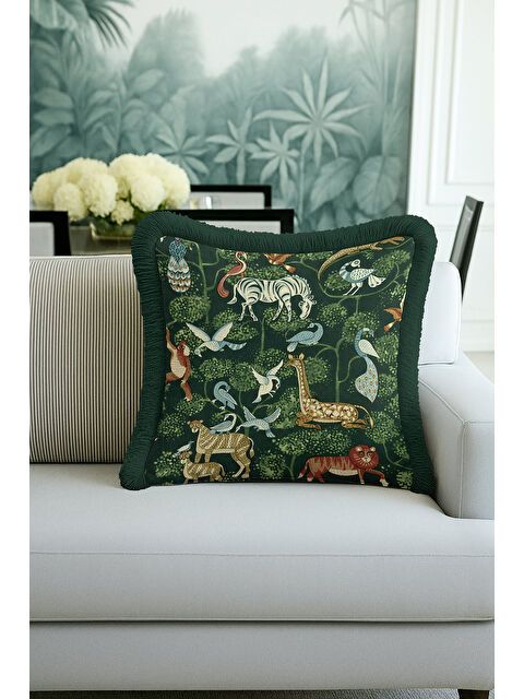 Milbay Grup Egzotik Orman Canlıları Saçaklı Yastık Kılıfı - Etnik Doğa Temalı Yeşil Püsküllü Kırlent Kılıfı