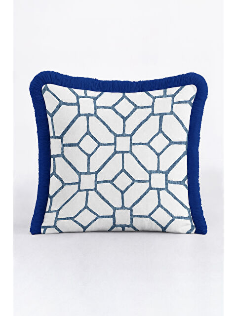 Milbay Grup Geometrik Modern Saçaklı Yastık Kılıfı - Minimal İskandinav Mavi Beyaz Püsküllü Kırlent Kılıfı