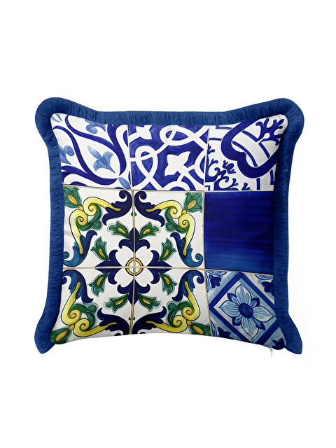 Milbay Grup Akdeniz Motifli Saçaklı Yastık Kılıfı - El İşlemeli Etnik Mavi Yeşil Püsküllü Kırlent Kılıfı