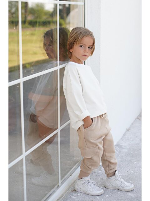 Catz Kids Çocuk Eşofman Takım - Vizon 3 İplik Şardonlu Yandan Cepli Eşofman - Krem Penye Sweat - S000119063-37198