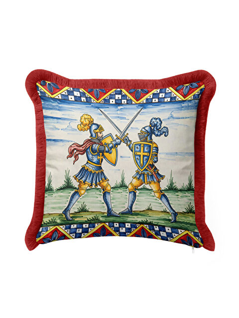 Milbay Grup Orta Çağ Şövalye Figürlü Saçaklı Yastık Kılıfı - Klasik Retro Mavi Kırmızı Püsküllü Kırlent Kılıfı
