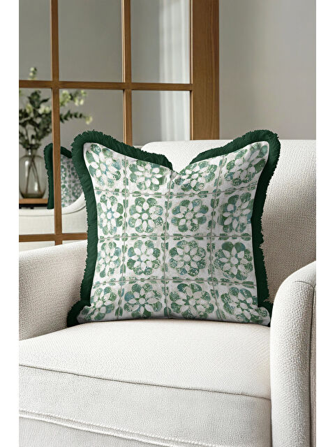 Milbay Grup Zarif Çiçek Motifli Saçaklı Yastık Kılıfı - Yeşil Vurgulu Vintage Etnik Püsküllü Kırlent Kılıfı