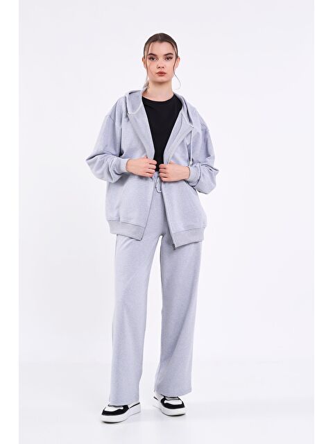 Mmetalic Kadın Gri Normal Kalıp Basic Beli Lastikli Kapüşonlu Oversize Mevsimlik Alt Üst Eşofman Takımı - S000291592-20600