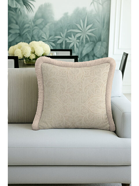 Milbay Grup Barok Şıklık Saçaklı Yastık Kılıfı - Zarif Krem Bohem Bej Püsküllü Kırlent Kılıfı