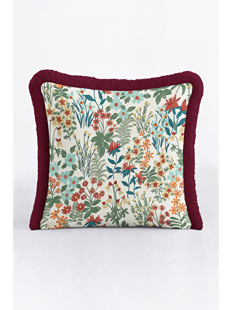Milbay Grup Göz alıcı Çiçek Bahçesi Saçaklı Yastık Kılıfı - Floral Vintage Bohem Bordo Püsküllü Kırlent Kılıfı