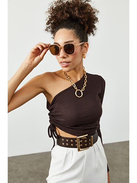 Xhan Kahverengi Tek Omuz Yanı Büzgülü Kaşkorse Bluz 2KXK2-45449-18 - S000037368-19413